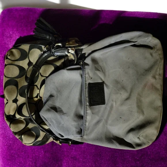 Vtg Coach Black Beige Jacquard Fabric Shoulder Bag Silver Hardwares - Picture 8 of 14